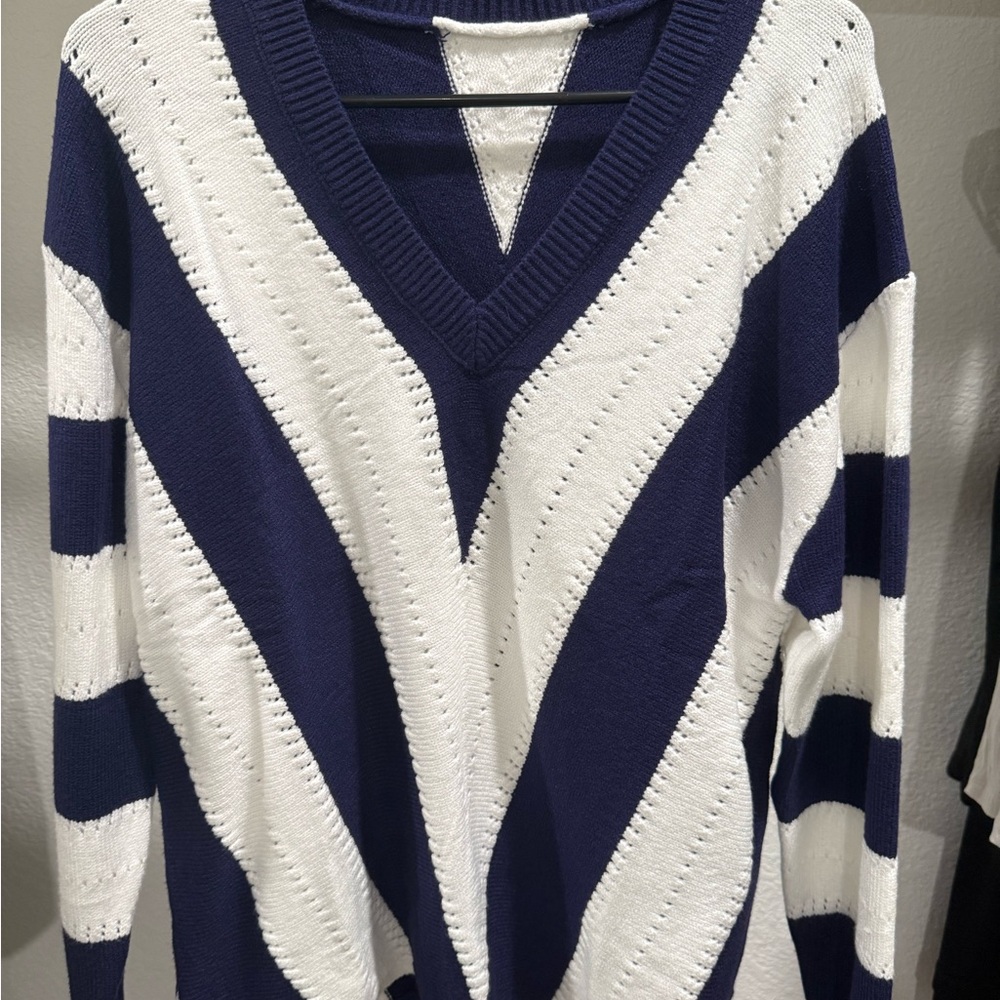 Navy and White Striped V-Neck Sweater